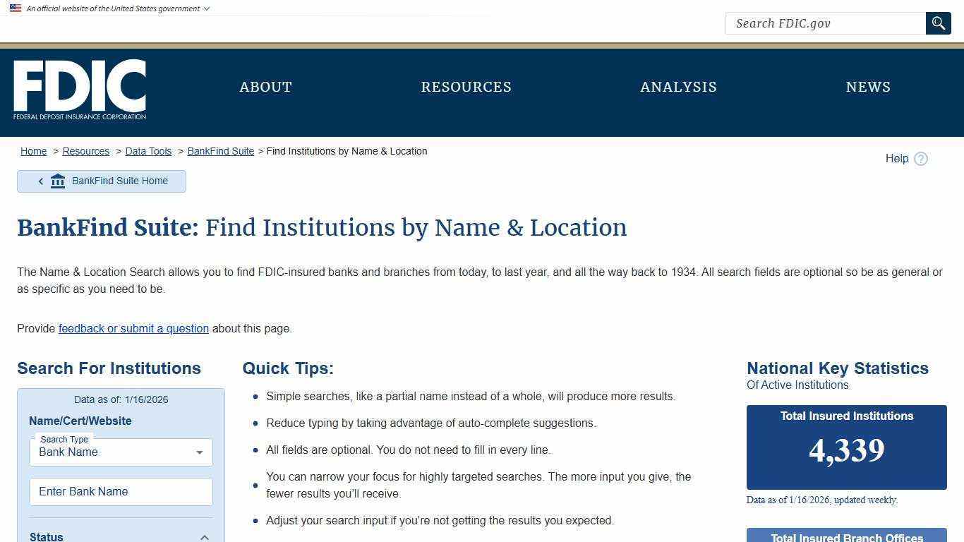 BankFind Suite: Find Institutions by Name & Location